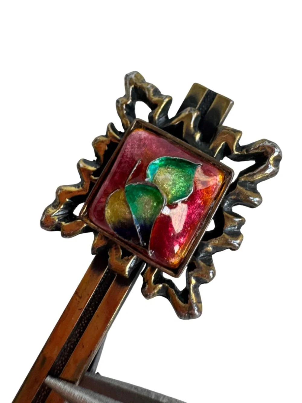 Vintage Japanese Cloisonne Tie Clip Red Green Enamel Floral Ornate Bar 2.25in